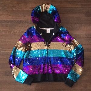 Vs/pink rainbow sequin zipper jacket with hoodie